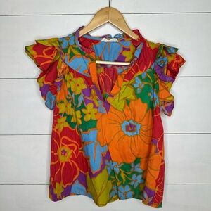 Talulah Azalea Floral Multicolor Ruffle Sleeve Summer Top Blouse Size